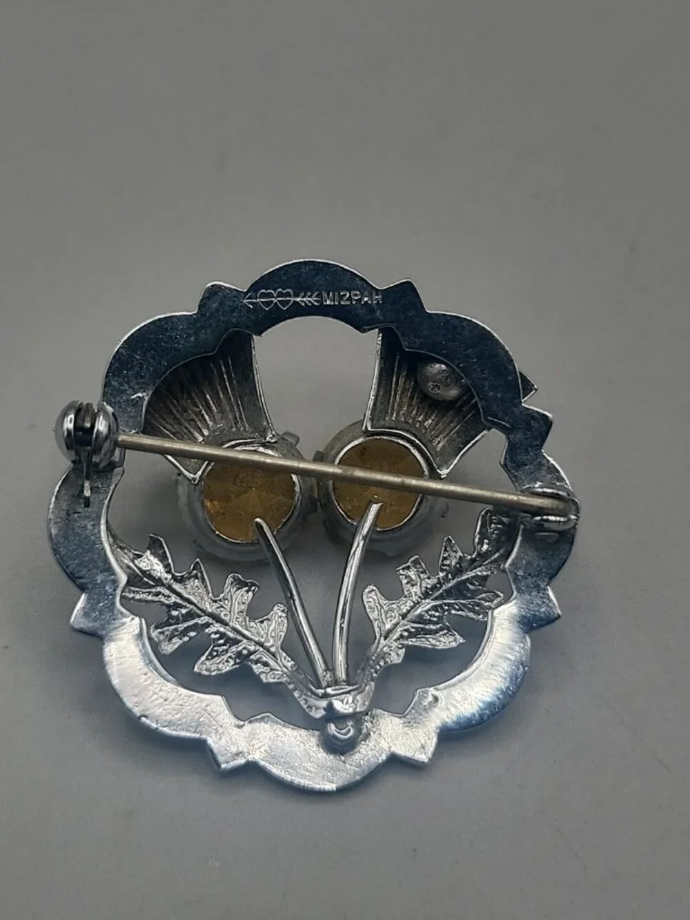 Mizpah Scottish Thistle Brooch Celtic Topaz Rhinestone Vintage Silver Tone